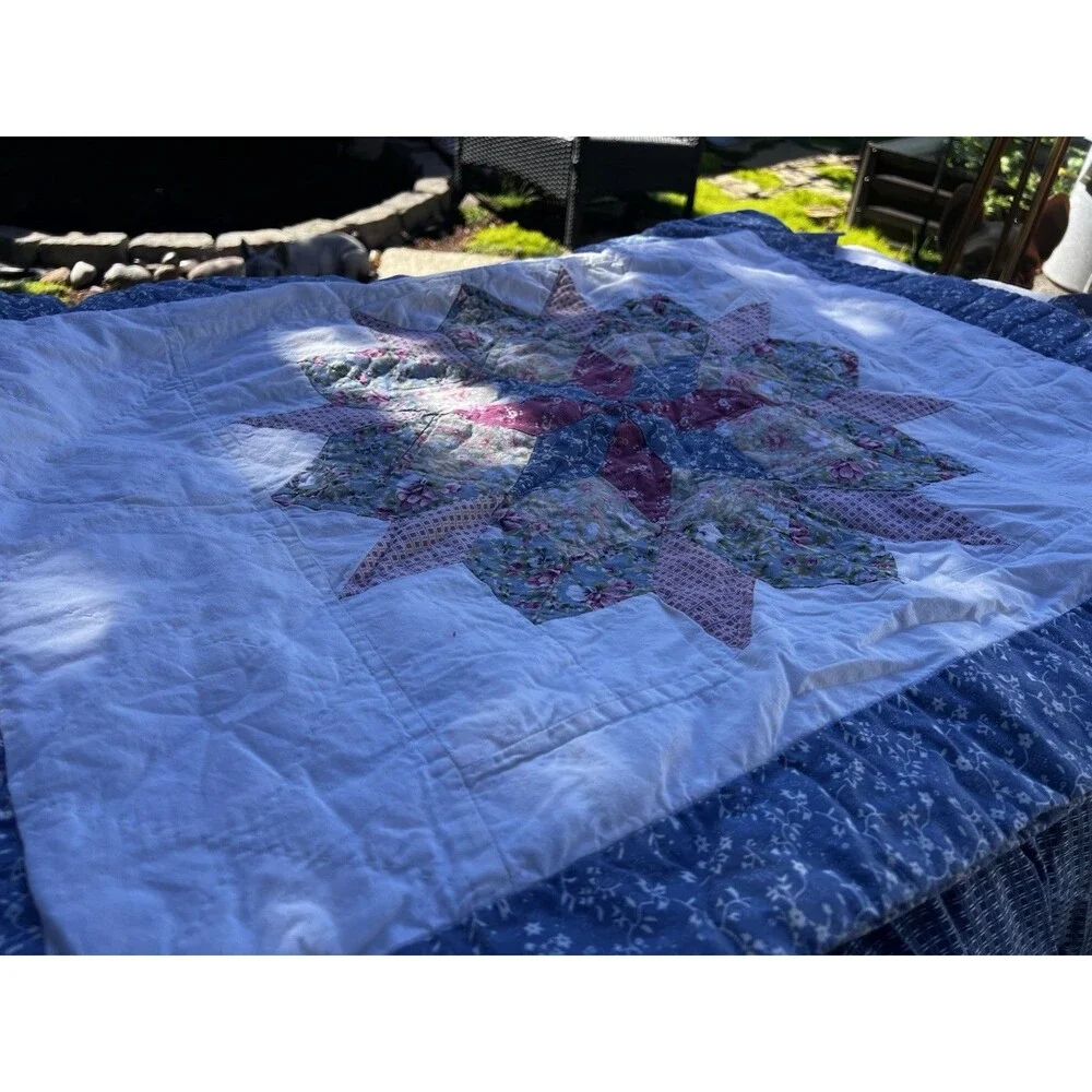 Vintage Cottage Floral Patchwork Quilted Pillow Shams Pair Blue Pink Zip Closure
